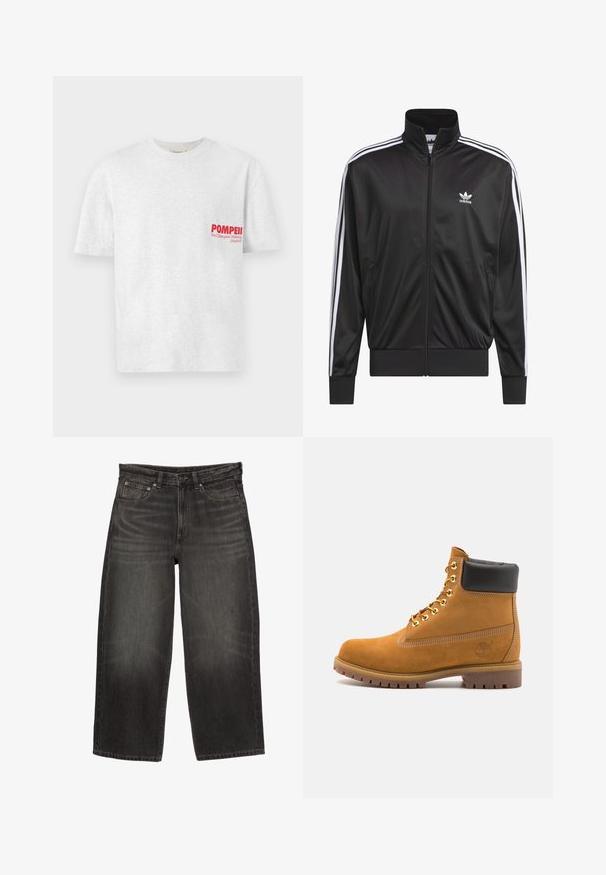 Musta polyesteristä valmistettu vetoketjullinen takki, jossa on korkea kaulus, valkoiset kolme raitaa hihoissa ja pieni valkoinen Adidas-logo vasemmassa rinnassa.; Harmaa puuvillapaita, jossa on lyhyet hihat ja pyöreä pääntie. Vasemmassa rinnassa on punainen teksti "POMPEII" ja "We Champion Walking (Madrid)".; Mustat, leveälahkeiset farkut, joissa on etutaskut, vyölenkit ja nappikiinnitys, osoittaen hienovaraista kulumista ja ryppyjä.; Valkoinen nahkainen nilkkuri mustalla pehmustetulla kauluksella, kultaisilla metallisilla rei'illä, valkoisella ompeluksella ja jykevällä kumipohjalla, jossa on selvästi näkyvät urat.