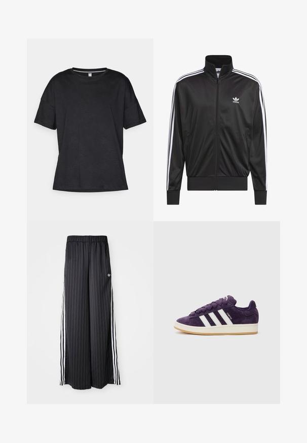 Crna poliester jakna s patentnim zatvaračem i visokim ovratnikom, bijeli dizajn s tri pruge duž rukava i mali bijeli Adidas logo na lijevoj strani prsnog koša.; Crna majica kratkih rukava od teksturiranog materijala s suptilnim valovitim uzorkom, s okruglom izrezom i ležernim krojem.; Crne široke hlače s vertikalnim bijelim prugama, elastičnim pojasom i tri bijele pruge sa strane. Adidas logo sprijeda.; Ljubičaste nubuk tenisice s bijelim prugama i vezicama, s teksturiranim gornjim dijelom i svijetlom gumom potplatom.