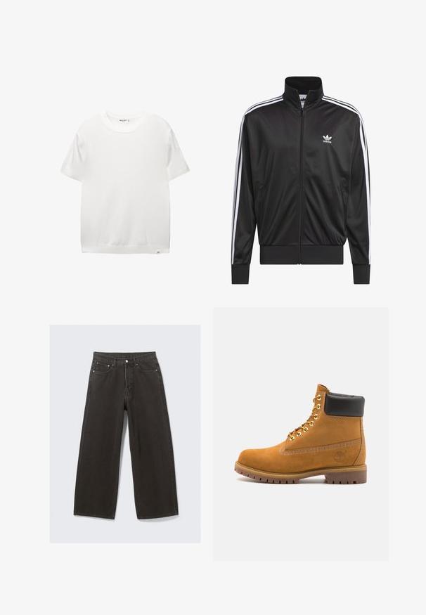 Zwarte polyester zip-up jas met hoge kraag, witte drie-strepen ontwerp langs de mouwen en klein wit Adidas-logo op de linkerbovenborst.; Witte korte mouwen t-shirt met een ronde hals, zachte textuur, rechte zoom en een klein merkenlabel aan de onderkant links.; Wijdbenige zwarte denim jeans hebben een hoge taille, vijf zakken en een knoopsluiting. De stof heeft een zachte, gestructureerde afwerking.; Tan suède enkelboot met zwart gevoerd kraagje, gouden metalen oogjes, witte stikdetails en een robuuste rubberen zool met uitgesproken profiel.