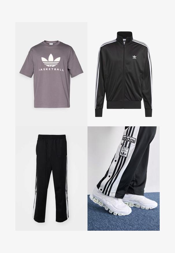 Svart polyester zip-up jakke med høy krage, hvit tre-stripesdesign langs ermene, og liten hvit Adidas-logo på venstre bryst.; Grå bomull T-skjorte med korte ermer, med en stor hvit Adidas-logo og teksten "BASKETBALL" nedenfor, rund hals design.; Svart treningbukser laget av glatt stoff, med hvite sidestriper og elastisk midje for komfort. Ingen bemerkelsesverdige detaljer eller mønstre.; Adidas joggebukser i svart og hvitt med tre striper og trykknapper, sammen med hvite joggesko med tykk, rørformet såle.