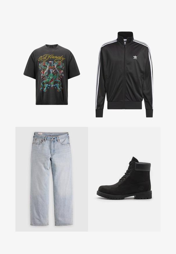 Zwarte polyester zip-up jas met hoge kraag, witte drie-strepen ontwerp langs de mouwen en klein wit Adidas-logo op de linkerbovenborst.; Zwarte oversized t-shirt met een kleurrijke drakengrafiek met bloemaccenten en de tekst "Ed Hardy" in goud bij de halslijn.; Lichtblauwe rechte jeans met een hoge taille, knoopsluiting en voor- en achterzakken, gepresenteerd op een vlakke ondergrond.; Zwarte enkellaars met vetersluiting, voorzien van een gevoerde kraag en een robuuste zool, weergegeven in profiel tegen een witte achtergrond.