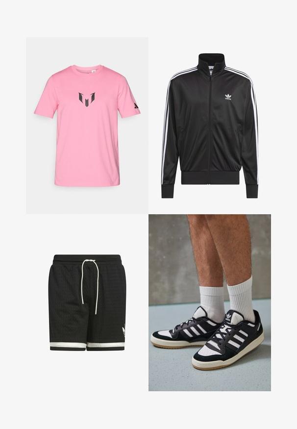 Zwarte polyester zip-up jas met hoge kraag, witte drie-strepen ontwerp langs de mouwen en klein wit Adidas-logo op de linkerbovenborst.; Roze katoen t-shirt met een ronde hals, voorzien van een zwart grafisch logo op de borst en een klein logo op de rechter mouw.; Zwarte sportieve shorts van een gestructureerde mesh stof. Voorzien van een witte trekkoord en een witte streep langs de zoom. Adidas-logo in het wit.; Zwart-witte sneakers met een bovenwerk van suede en leer, voorzien van drie witte strepen, een geperforeerde neus en een rubberen gumzool.