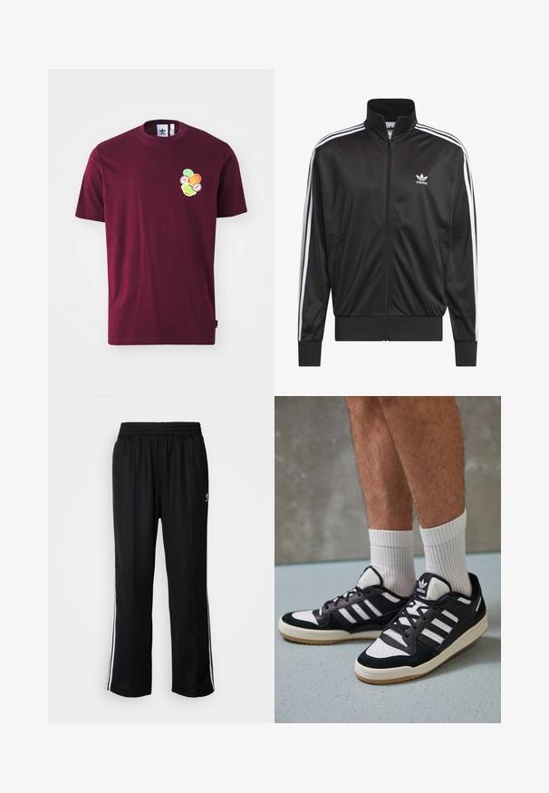 Svart polyester zip-up jacka med hög krage, vit tre-stripes design längs ärmarna, och liten vit Adidas-logga på vänster bröst.; Mörkröd bomullströja med korta ärmar och rund halsringning. Har en broderad grafik på vänster bröst, inklusive färgglada cirkulära mönster.; Svarta träningsbyxor med elastisk midja, med vita sidostreck och en liten logotyp. Materialet verkar mjukt och lätt.; Svartvita sneakers med ovandel i mocka och läder, med tre vita ränder, perforerad tå och sula av gummigummi.