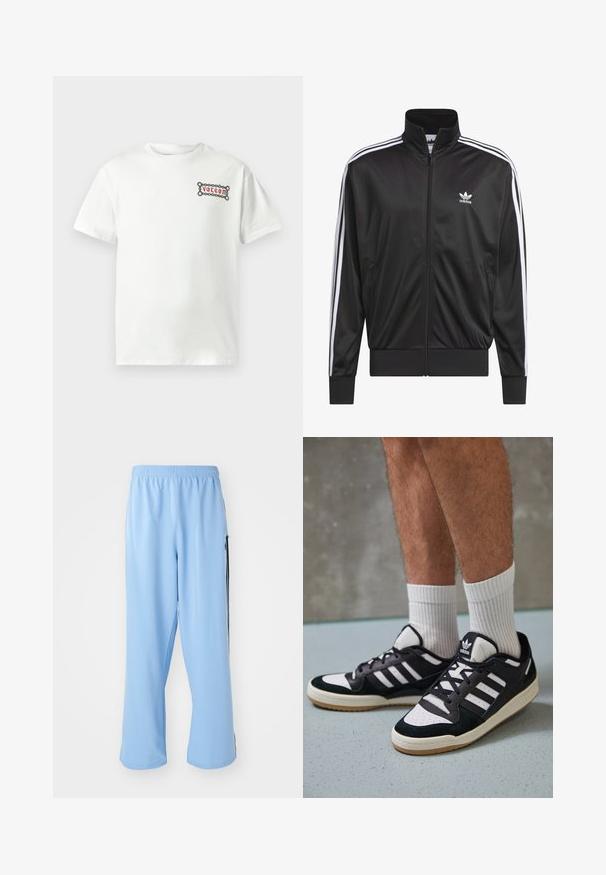 Black polyester zip-up jacket with high collar, white three-stripe design along sleeves, and small white Adidas logo on left chest.; White cotton t-shirt with short sleeves, featuring a rectangular red and black graphic with "Volcom" logo on the left chest area.; Light blue athletic pants made from smooth fabric, featuring an elastic waistband and contrasting black side stripes.; Black and white sneakers with a suede and leather upper, featuring three white stripes, a perforated toe, and a gum rubber sole.