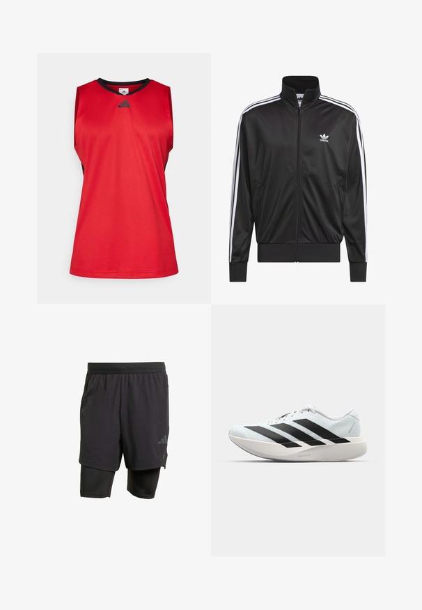 Crna poliester jakna s patentnim zatvaračem i visokim ovratnikom, bijeli dizajn s tri pruge duž rukava i mali bijeli Adidas logo na lijevoj strani prsnog koša.; Crvena sportska majica bez rukava s crnim detaljima. Izrađena od glatkog materijala, s V-izrezom i Adidas logom u tamnosivoj boji na prsima.; Crne atletske šortse s integriranim unutarnjim slojem, izrađene od prozračnog materijala. Sadrže suptilan logo i strukturiranu teksturu. Podesivi pojas.; Lagane tenisice za trčanje u svijetloplavoj boji s crnim trakama. Imaju glatku gornju površinu, okrugli vrh i debeli bijeli srednji sloj označen "LIGHTSTRIKE PRO."