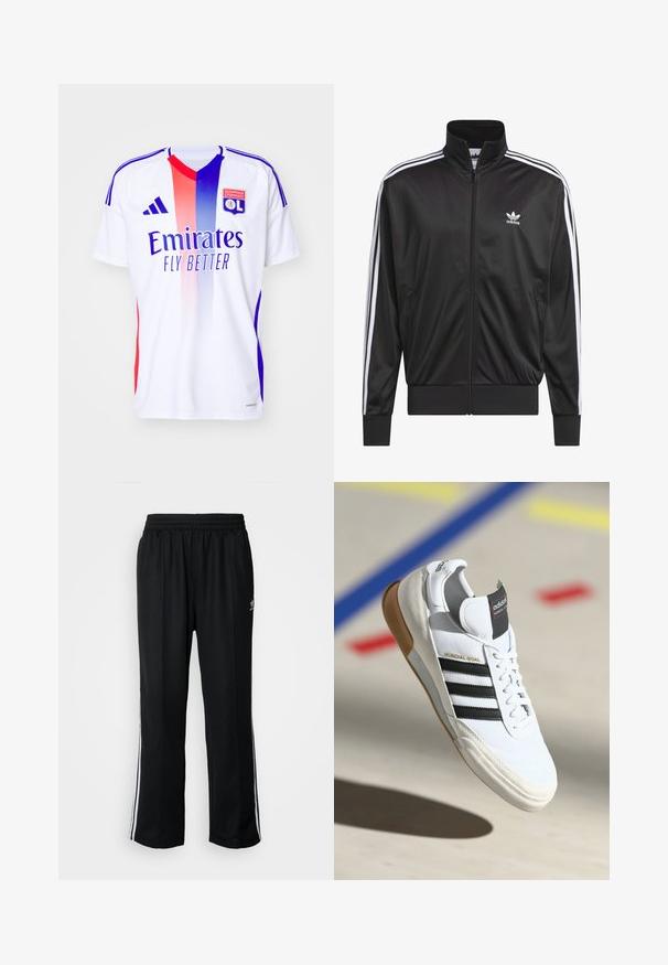 Black polyester zip-up jacket with high collar, white three-stripe design along sleeves, and small white Adidas logo on left chest.; White athletic jersey with gradient red and blue stripes, featuring "Emirates" logo and "OL" emblem, made from smooth, lightweight material.; Black athletic pants with an elastic waistband, featuring white side stripes and a small logo. Material appears soft and lightweight.; White Adidas Mundial Goal sneaker with black stripes and gum sole, shown mid-air over a sports court floor with colored lines.