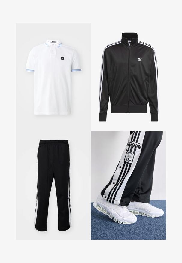 Musta polyesteristä valmistettu vetoketjullinen takki, jossa on korkea kaulus, valkoiset kolme raitaa hihoissa ja pieni valkoinen Adidas-logo vasemmassa rinnassa.; Valkoinen polo-paita, joka on valmistettu puuvillasta. Paita on varustettu kolmen napin kauluksella, siniraidallisilla yksityiskohdilla hihoissa ja pienellä mustalla лого-patchilla.; Mustat urheiluhousut, jotka on valmistettu sileästä kankaasta. Housuissa on valkoiset sivu raidat ja joustava vyötärönauha mukavuutta varten. Ei huomattavia yksityiskohtia tai kuvioita.; Adidas-housut mustana ja valkoisena, joissa on kolme raitaa ja napit, yhdistettynä valkoisiin snekkereihin, joissa on paksu, putkimainen pohja.