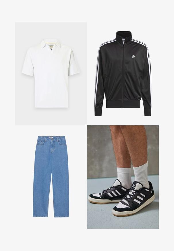 Jaqueta preta em poliéster com fecho, gola alta, design de três riscas brancas nas mangas e pequeno logótipo Adidas branco no lado esquerdo do peito.; Camisa branca de manga curta com gola em ; Jeans de denim azul claro com corte reto, design de cinco bolsos, fecho com um único botão e detalhes de costura subtil nas costuras.; Ténis em preto e branco com upper em camurça e couro, apresentando três riscas brancas, um toe perfurado e uma sola em borracha de goma.