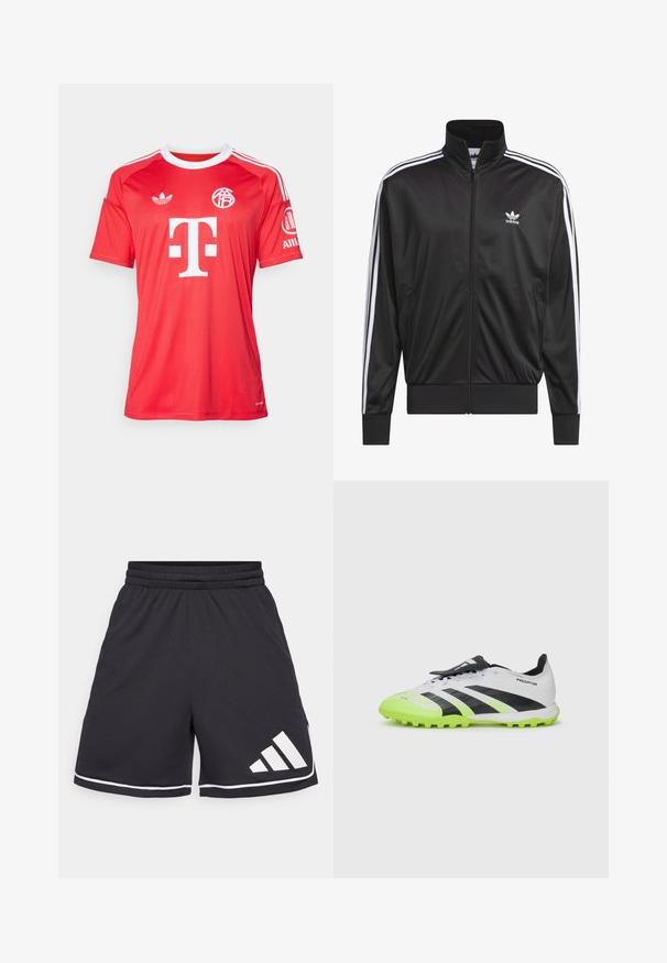 Zwarte polyester zip-up jas met hoge kraag, witte drie-strepen ontwerp langs de mouwen en klein wit Adidas-logo op de linkerbovenborst.; adidas Performance FC BAYERN 2025/2026 THIRD GOALKEEPER JERSEY - Fanartikel - pure ruby; Zwarte sportshorts met een elastische tailleband, witte accenten en een schuin drie-strepen logo aan de linkeronderzijde. Gestructureerde stof.; Witte en zwarte voetbalschoenen met neon groene accenten. Gelaagd bovenmateriaal, zwarte strepen en gevormde noppen op een contrasterende levendige zool.