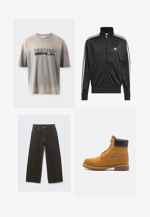 Black polyester zip-up jacket with high collar, white three-stripe design along sleeves, and small white Adidas logo on left chest.; Gray gradient t-shirt with short sleeves, featuring a black print of “VERTERE BERLIN” in a stylized font, soft texture, and relaxed fit.; Wide-leg black denim jeans feature a high waist, five-pocket design, and a button-fly closure. The fabric has a soft, textured finish.; Tan suede ankle boot with black padded collar, gold metal eyelets, white stitching detailing, and rugged rubber sole with pronounced treads.