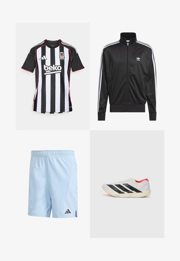 Svart polyester zip-up jacka med hög krage, vit tre-stripes design längs ärmarna, och liten vit Adidas-logga på vänster bröst.; adidas Performance BESIKTAS 25/26 AWAY JERSEY - Fotbollströjor - black; Ljust blå träningsshorts i lätt material. Har ett elastiskt midjeband och svart Adidas-logotyp på nedre vänstra sidan.; Vit löparskor med svarta ränder, neongröna accenter och en röd häl. Har en lätt vikt och en strukturerad sula för grepp.