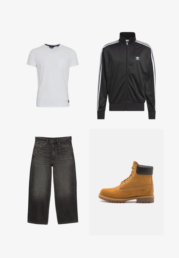 Svart polyester zip-up jacka med hög krage, vit tre-stripes design längs ärmarna, och liten vit Adidas-logga på vänster bröst.; Vit t-shirt i bomull med korta ärmar, rund halsringning och en ficka på vänster bröst. Har en etikett nederst till vänster. Slät textur.; Svarta vida denimjeans med framfickor, bälteshällor och knappstängning, som visar subtila blekningar och whiskering.; Tan mockasins ankelstövlar med svart vadderad krage, guldmetallöglor, vit sömdekor och slitstöt gummisula med utmärkta mönster.