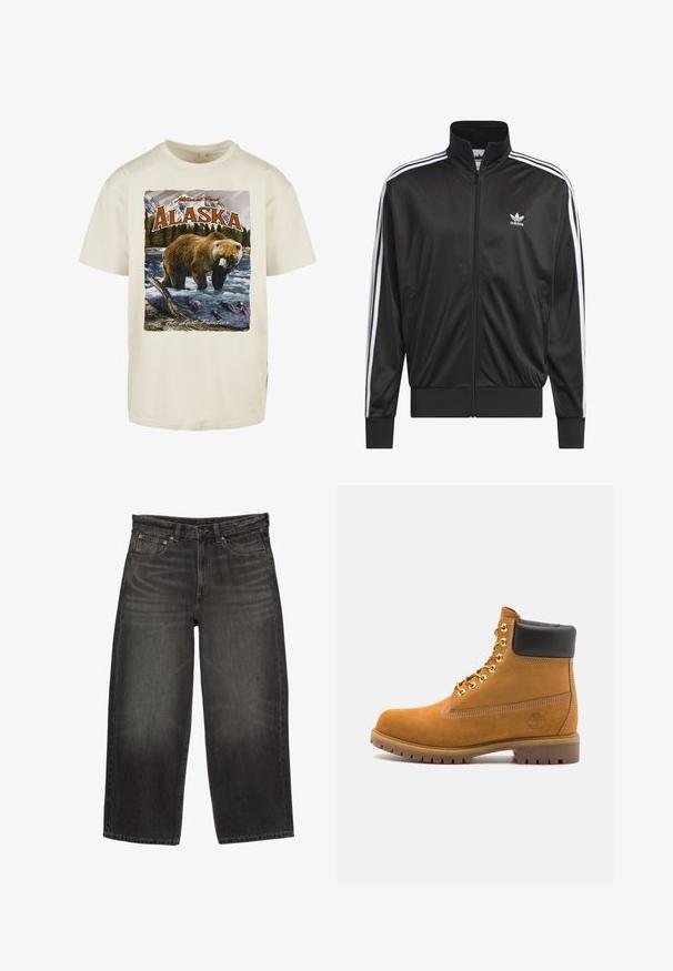 Črna poliestrska jakna s kapuco na zadrgo in visokim ovratnikom, z belim dizajnom treh črt po rokavih in majhnim belim logotipom Adidas na levem prsnem delu.; Kremno obarvan bombažni t-shirt z grafičnim potiskom rjavega medveda v vodi, gorah in drevesih, z napisom "Alaska" in "Zadnja meja."; Črne široke jeans hlače iz denima z sprednjimi žepi, zankami za pas in gumbom za zapiranje, z blagim bledenjem in gubami.; Svetlo rjave anklne čizme iz semiša z črnim oblazinjenim ovratnikom, zlatimi kovinskimi očesci, belimi šivi in robustnim gumijastim podplatom s izrazitimi tredi.
