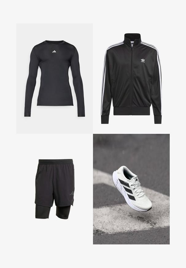 Chaqueta negra de poliéster con cremallera y alto cuello, diseño de tres rayas blancas a lo largo de las mangas y pequeño logo blanco de Adidas en el lado izquierdo del pecho.; Camiseta deportiva de manga larga negra, hecha de un material suave y elástico. Presenta un cuello redondo y un sutil logo blanco en el pecho.; Bermudas deportivas negras con capa interior integrada, hechas de un tejido transpirable. Presentan un logo sutil y una textura estructurada. Cintura ajustable.; Zapatilla deportiva blanca con parte superior de malla texturizada, rayas negras, cierre de cordones y suela acolchada, levitando sobre una superficie de carretera marcada.
