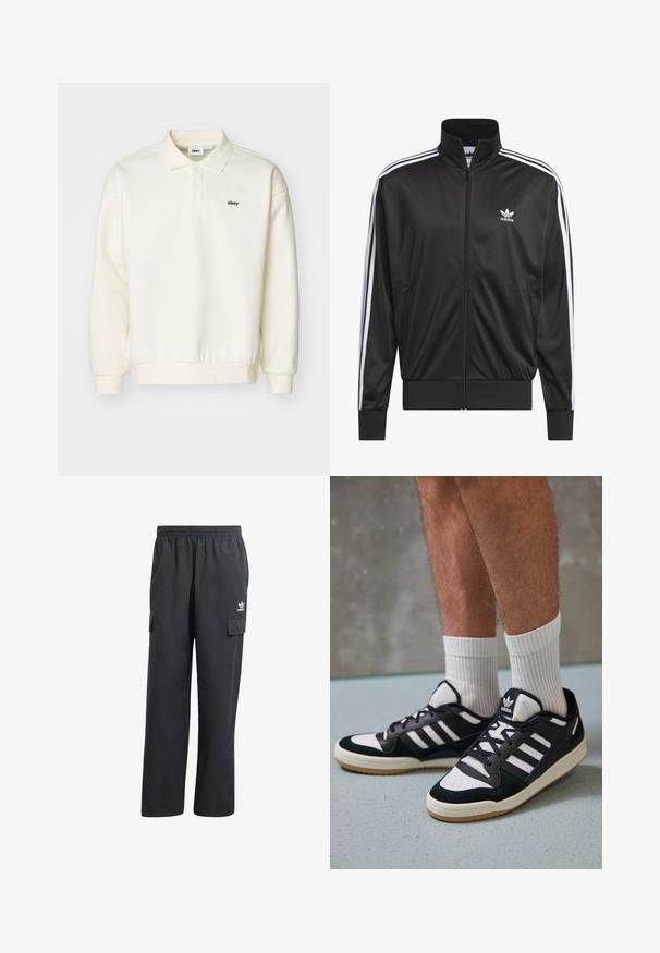 Svart polyester zip-up jakke med høy krage, hvit tre-stripesdesign langs ermene, og liten hvit Adidas-logo på venstre bryst.; Obey Clothing LOWERCASE - Topper langermet - unbleached; Sorte cargo-bukser med elastisk linning, to sidelommer og en subtil logo på venstre lår. Fremstillet af et letvægtsstof.; Sorte og hvite sneakers med overdel i semsket skinn og lær, med tre hvite striper, perforert tå og en såle av gummi.