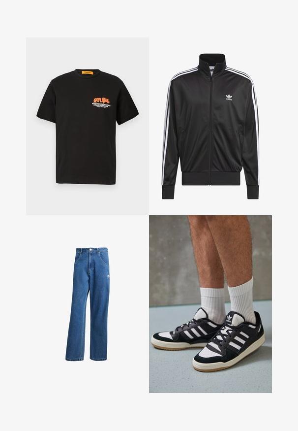 Jaqueta preta em poliéster com fecho, gola alta, design de três riscas brancas nas mangas e pequeno logótipo Adidas branco no lado esquerdo do peito.; T-shirt de algodão preta com mangas curtas, apresentando um design gráfico em texto laranja e branco na frente. Decote redondo, ajuste relaxado.; Calças de ganga azul com cintura alta e perna larga, com bolsos frontais, passadores de cinto, fecho de botão e pequeno logótipo da Adidas na coxa direita.; Ténis em preto e branco com upper em camurça e couro, apresentando três riscas brancas, um toe perfurado e uma sola em borracha de goma.