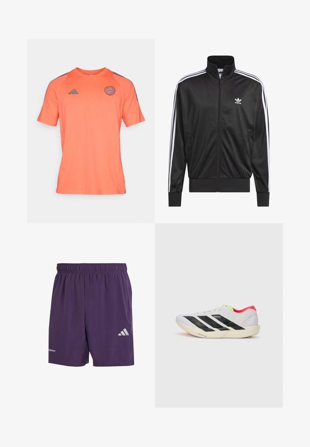 Jaqueta preta em poliéster com fecho, gola alta, design de três riscas brancas nas mangas e pequeno logótipo Adidas branco no lado esquerdo do peito.; Camisola atlética de manga curta em rosa-alaranjado, feita de um tecido suave, com um decote redondo e detalhes em cinza escuro nos ombros e no logo.; Calças curtas atléticas roxas com um cós elástico, apresentando um logótipo prateado da Adidas e um tecido liso e respirável. Sem bolsos visíveis.; Sapatilha de corrida branca com riscas pretas, detalhes em verde neón e um calcanhar vermelho. Apresenta um design leve e uma sola texturizada para melhor aderência.