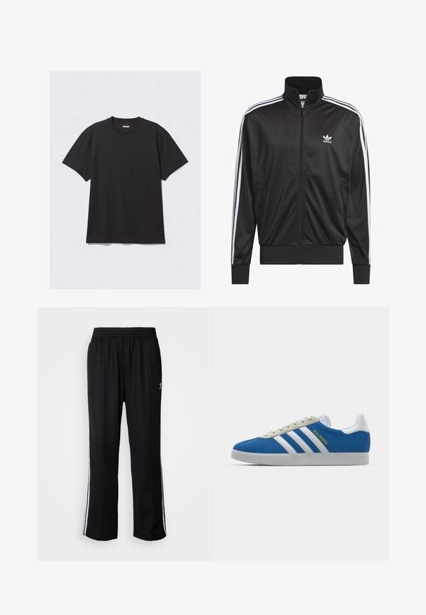 Jaqueta preta em poliéster com fecho, gola alta, design de três riscas brancas nas mangas e pequeno logótipo Adidas branco no lado esquerdo do peito.; T-shirt preta de manga curta feita de algodão. Apresenta um decote redondo e um corte descontraído. Design simples, sem padrões ou detalhes visíveis.; Calças atléticas pretas com um cós elástico, apresentando riscas brancas laterais e um pequeno logótipo. O material parece macio e leve.; adidas Originals ADIDAS GAZELLE SHOES - Botas de futebol de salão - real madrid/bluebird/footwear white/crew yellow