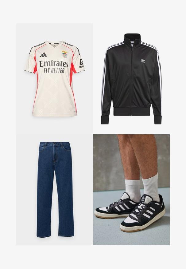 Černá polyesterová bunda na zip s vysokým límcem, bílý design tří pruhů podél rukávů a malé bílé logo Adidas na levé hrudi.; Světlé béžové fotbalové dres s červenými akcenty, včetně výstřihu do V, diagonálních černých pruhů na ramenou a černého textu. Logo umístěné v levém horním rohu.; Tmavě modré džíny s rovnými nohavicemi, předními kapsami a zapínáním na knoflík, vystavené na jednoduchém bílém pozadí.; Černobílé tenisky s vrchní částí z semišové a kožené kůže, včetně tří bílých pruhů, perforovaného špičky a podrážky z gumy.