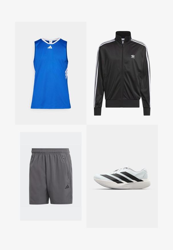 Crna poliester jakna s patentnim zatvaračem i visokim ovratnikom, bijeli dizajn s tri pruge duž rukava i mali bijeli Adidas logo na lijevoj strani prsnog koša.; Plavi sportski majica bez rukava s bijelim detaljima, okruglog izreza i suptilnim prugama sa strane. Izrađena od glatkog, laganog materijala.; Sive kratke sportske hlače s elastičnim pojasom, bočnim zatvaračima i crnim logotipom. Lagane, glatke teksture i dužine do koljena.; Lagane tenisice za trčanje u svijetloplavoj boji s crnim trakama. Imaju glatku gornju površinu, okrugli vrh i debeli bijeli srednji sloj označen "LIGHTSTRIKE PRO."