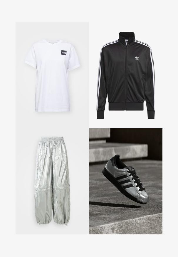 Zwarte polyester zip-up jas met hoge kraag, witte drie-strepen ontwerp langs de mouwen en klein wit Adidas-logo op de linkerbovenborst.; Witte katoenen T-shirt met een ronde halslijn en korte mouwen, met een klein zwart logopatch op de linkerkant van de borst.; Zilveren lichtgewicht cargo-broek met een glanzende textuur, elastische tailleband, gebonden manchetten en twee grote zijzakken.; Zilveren sneaker met een zwarte rubberen zool, zwarte veters en drie zwarte strepen. Heeft een metalen finish en een klassieke shell-toe ontwerp.
