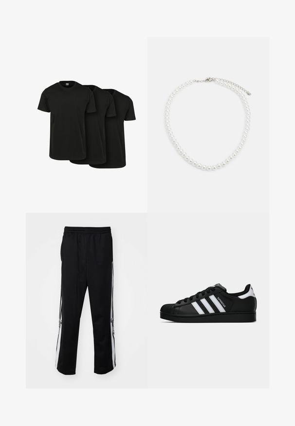 Fekete poliészter zipzáros dzseki magas gallérral, fehér háromsávos mintázattal az ujjak mentén, és kisméretű fehér Adidas logóval a bal mellrészen.; Három fekete pamut póló rövid ujjakkal, kerek nyakkal és sima textúrával, egymásra helyezve. Nincsenek látható minták vagy logók.; Fekete sportnadrág sima anyagból, fehér oldalcsíkokkal és kényelmes gumis derékkal. Nincs figyelemre méltó részlet vagy minta.; Fekete Adidas Superstar sportcipő fehér csíkokkal, kagyló orral és "Superstar" felirattal az oldalán, oldalról bemutatva, fehér háttér előtt.; Fehér gyöngy nyaklánc, egységes kerek alakú, sima felületű, fémből készült kapoccsal, állítható hosszúságú meghosszabbító lánccal.