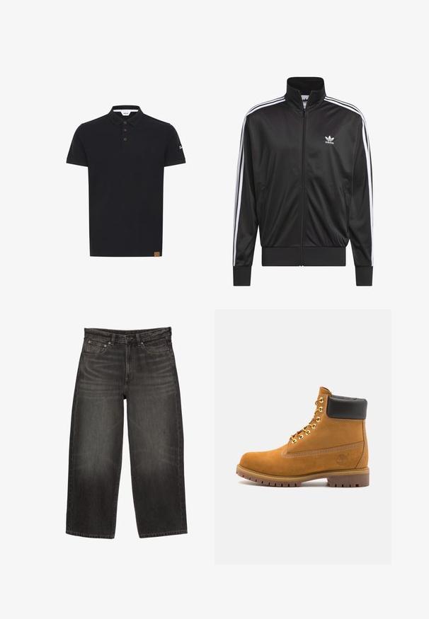 Schwarze Polyester-Jacke mit Reißverschluss und hohem Kragen, weißem Dreistreifen-Design an den Ärmeln und kleinem weißen Adidas-Logo auf der linken Brust.; Schwarzes Poloshirt in einfarbigem Design, mit klassischem Kragen, drei braunen Knöpfen und einer strukturierten Patch mit Logo auf dem Ärmel.; Schwarze weit geschnittene Denim-Jeans mit Fronttaschen, Gürtelschlaufen und Knopfverschluss, die subtile Verblassungen und Waschungen aufweisen.; Beige Wildleder-Ankle-Boot mit schwarzem gepolstertem Kragen, goldenen Metallösen, weißen Nähdetalben und einer robusten Gummisohle mit ausgeprägtem Profil.