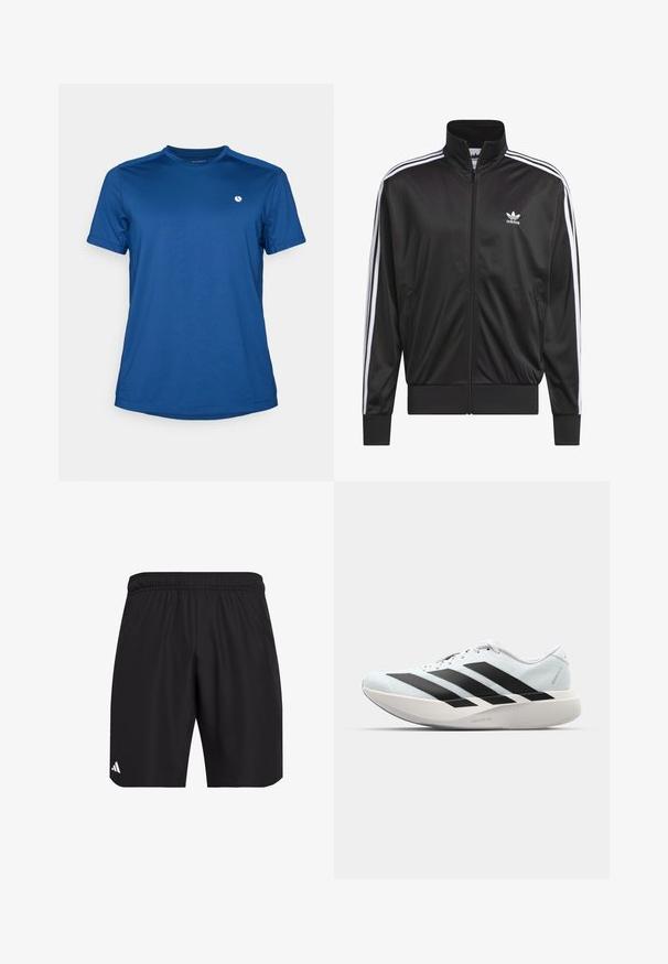 Juodas poliesterinis užtrauktukas su aukštu apykakle, baltos trijų juostelių dizainas palei rankoves ir mažas baltas Adidas logotipas kairiajame krūtinės pusėje.; Mėlyna trumpomis rankovėmis marškinėliai, pagaminti iš lengvo audinio, su apvali kaklo iškirpte ir mažyčiu baltu logotipu viršutinėje kairėje krūtinės pusėje.; Juodos sportinės šortai su elastine liemens juosta. Pagaminti iš lengvos medžiagos, pasižyminčios subtilia tekstūra ir mažu baltu logotipu.; Lengvi bėgimo batai šviesiai mėlynos spalvos su juodomis juostelėmis. Yra lygus viršus, apvalus pirštas ir storas baltas vidpadis su užrašu "LIGHTSTRIKE PRO."