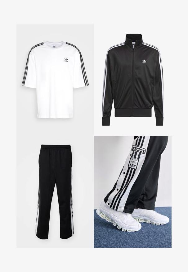 Melnas poliestera zip-up jaka ar augstu apkakli, baltu triju svītru dizainu gar piedurknēm un mazliet baltu Adidas logo kreisajā krūtī.; Balta īsām piedurknēm T-kreklu ar melnu trīs svītru dizainu uz pleciem un melnu Adidas logo uz krūtīm. Mīksts kokvilnas materiāls.; Melnas sporta bikses, kas izgatavotas no gludas auduma, ar baltām sānu svītrām un elastīgu jostasvietu komfortam. Nav ievērojamu detaļu vai rakstu.; Adidas sporta bikses melnā un baltā krāsā ar trim svītrām un pogām, saliktām kreisajā pusē, apvienotas ar baltām sporta kurpēm ar masīvu, cilindrisku zoli.