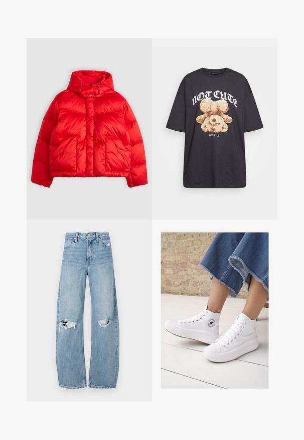 Piros puffjakó, amely fényes nylonból készült. Magas gallérral rendelkezik, állítható húzózsinórral, két elülső zsebbel és dobozszerű kialakítással.; Fekete, oversized póló, rajta egy medvével és a "NEM CUKI, HANEM FÉKTELEN" felirattal vastag, fehér betűkkel. Pamut anyag.; Világoskék, magas derekú farmernadrág. Széles lábakkal, két szakadt térddel és klasszikus öt zsebes dizájnnal rendelkezik.; Fehér, vászonból készült, magas szárú sportcipők, gumitalppal, ezüst fűzőlyukakkal, kerek logóval és texturált platformtalppal.