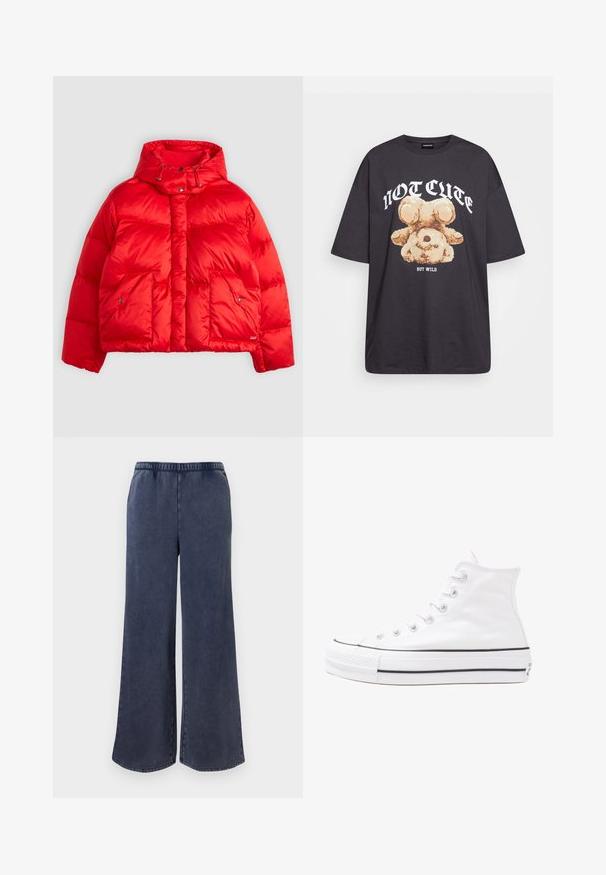 Piros puffjakó, amely fényes nylonból készült. Magas gallérral rendelkezik, állítható húzózsinórral, két elülső zsebbel és dobozszerű kialakítással.; Fekete, oversized póló, rajta egy medvével és a "NEM CUKI, HANEM FÉKTELEN" felirattal vastag, fehér betűkkel. Pamut anyag.; Sötétkék, bő szárú nadrág, rugalmas derékkal, egyenes szabással és finom textúrával, sima fehér háttér előtt kiemelve.; Fehér magaskorsó vászon sportcipő fekete gumi talppal, elülső gumi orrnyereggel és hat fűzőlyukkal, letisztult, minimalista dizájnnal.