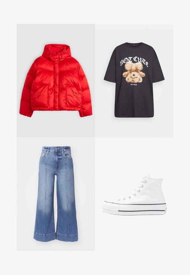 Rød boblejakke laget av glinsende nylon. Har høy krage med justerbare snor, to frontlommer og en boksformet design.; Svart oversized t-skjorte med en grafikk av en bjørn og teksten "IKKE SØT, MEN VILL" i fet, hvit skrift. Laget av bomull.; Bredder jeans i lys blå, med høy midje, falmet design, frontlommer og sydd detaljer langs bena.; Hvit høy-skinn kanvas sneakers med svart gummisåle, gummitåhette foran og seks hull for snorer, med et rent, minimalistisk design.