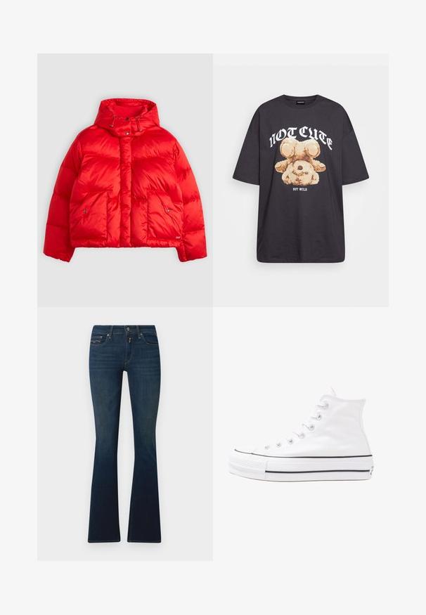 Rode pufferjas gemaakt van glanzend nylon. Heeft een hoge kraag met verstelbare trekkoorden, twee zakken aan de voorkant en een rechte snit.; Zwart oversized t-shirt met een afbeelding van een beer en de tekst "NIET SCHATTIG, MAAR WILD" in grote, witte letters. Gemaakt van katoen.; Donkerblauwe flared jeans van denim, met een tailleband met een knoop aan de voorkant, schuine zakken en subtiele stikdetails.; Witte high-top canvas sneakers met een zwarte rubberen zool, een rubberen neuskap aan de voorkant en zes gaatjes voor veters, met een schone, minimalistische uitstraling.