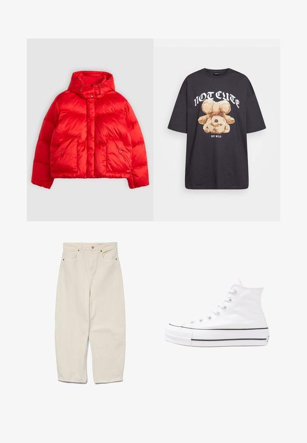 Sarkans pūksteņu mētelis, izgatavots no spīdīga neilona. Tam ir augsts apkaklis ar regulējamiem aukliņām, divas priekšējās kabatas un kastveida dizains.; Melna, pārmērīga t-kreklu, kurā attēlots lācis ar uzrakstu "NAV MIERĪGS, BET VILKIS" treknos baltos burtiem. Izgatavots no kokvilnas materiāla.; Bēšas kokvilnas platās kājas bikses ar augstu jostu, kas aprīkotas ar divām priekšējām kabatām un vienu pogu aizdari. Gluda tekstūra; līdz potītēm.; Balti augstie kanvas sporta apavi ar melnu gumijas zoli, priekšējo gumijas purngalu un sešām acīm lencēm, kuriem ir tīrs, minimālistisks dizains.