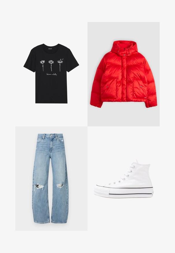 Rød pufferjakke lavet af skinnende nylon. Har en høj krave med justerbare snore, to frontlommer og en boxy design.; Sort bomulds-t-shirt med hvide linjetegninger af tre blomster og teksten "blomstre vildt" nedenfor. Rund hals og korte ærmer.; Lysblå, højtraljede jeans lavet af denim. Har brede ben, to huller ved knæene og klassisk fem-lommes stil.; Hvide høje kanvas sneakers med sort gummisål, gummitåhætte foran og seks øjehuller til snørebånd, der har et rent, minimalistisk design.