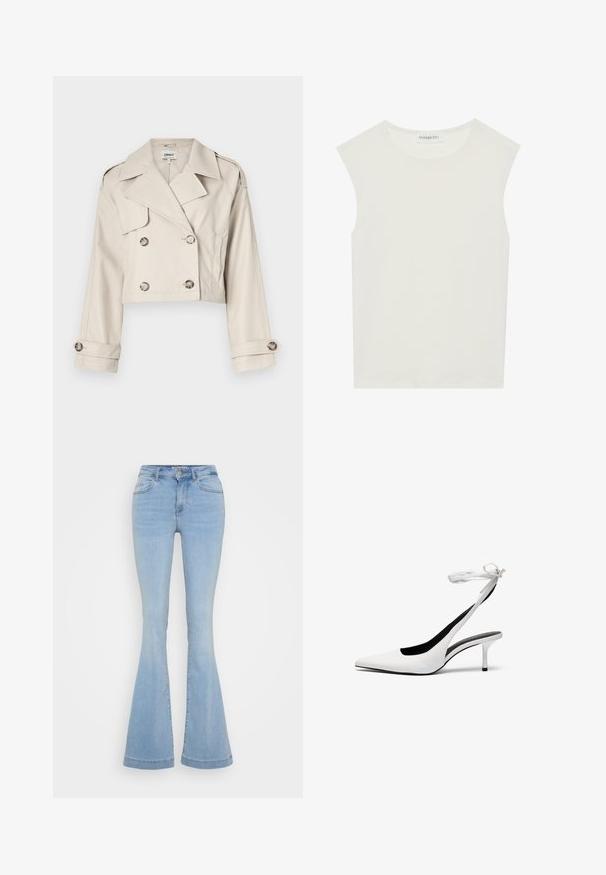 Kuttet beige trenchcoat med dobbeltradet knappelukking, store revers og oppbrettede mansjetter. Glatt stoff med en skreddersydd passform.; Hvit ermeløs topp med rund hals. Laget av glatt stoff, har den en avslappet passform og minimalistisk design. Ingen mønstre eller detaljer.; Lys blå slengbukser laget av denim, med høy midje, fem lommer og kontrastfargede sømmer langs sømmene.; Hvite spisse slingback-hæler med tynn ankelrem. Glatt lærmateriale, tynn stiletthæl og svart innvendig foring.