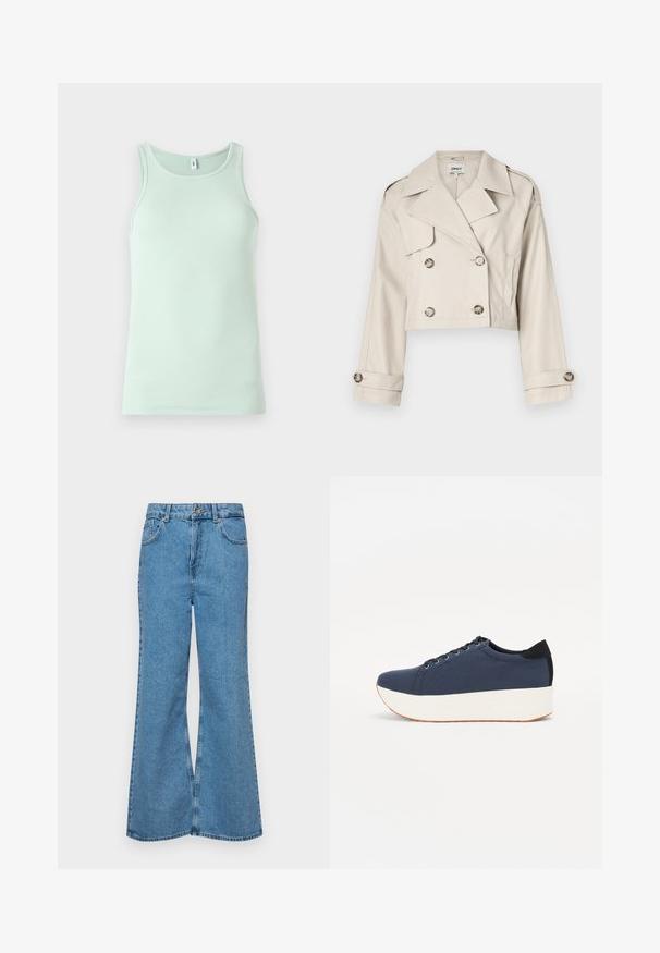 Izgriezts beidž kokvilnas trenci ar dubultās pogas aizdari, lieliem atlociem un rullētiem piedurknēm. Gluda auduma ar pielāgotu piegriezumu.; Gaiši mentolzaļš bez piedurknēm veidots topiņš ar ribotu audumu. Tam ir apaļa dekoltē un bez piedurknēm. Vienkāršs, neizpušķots stils.; Gaiši zili, platā piegriezuma džinsi, kas izgatavoti no denima, ar augstu jostasvietu, piecām kabatām un vienu pogu. Mīksta tekstūra ar nolietotu apdari.; Navy zilo apavi ar strukturētu auduma augšdaļu, baltu platformas zoli, noapaļotu pirkstu daļu un melnu papēža akcentu. Iekļautas sešas acs caurumi šnuķēšanai.