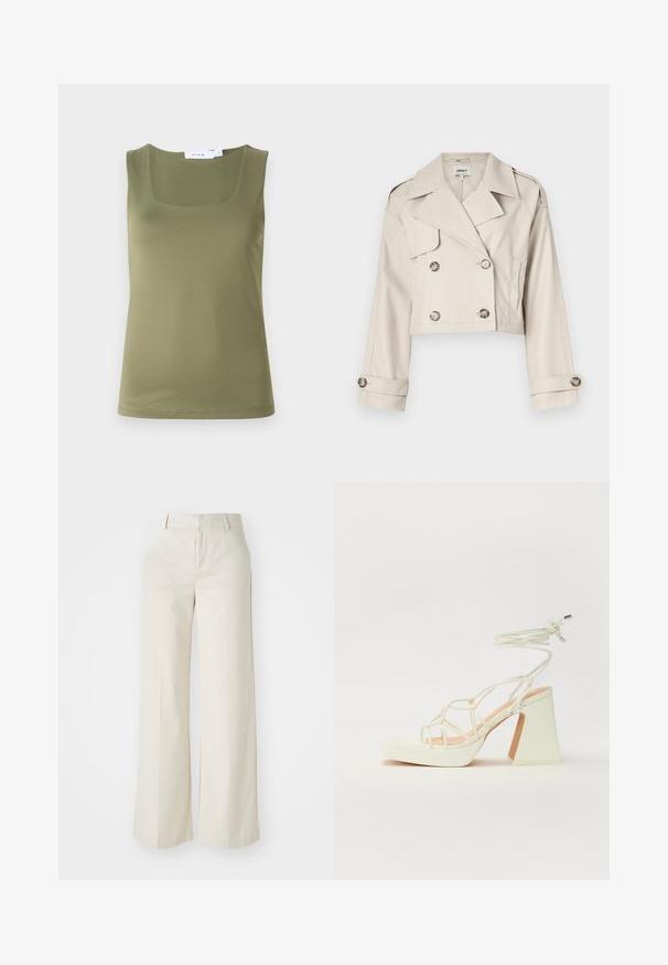 Cropped beige trench coat with double-breasted button closure, large lapels, and rolled cuffs. Smooth fabric with a tailored fit.; Olive green sleeveless top with a square neckline, smooth texture, and clean edges. No visible patterns or hardware details.; Wide-leg trousers in a light beige color, made of a smooth fabric. Features a classic waistband and flat front with clean lines.; White high-heeled sandal with a chunky heel, featuring a strappy design and ankle tie. Smooth texture with a platform front for added height.