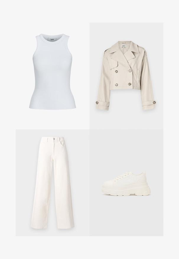 Skraťený béžový trenčkot s dvojradovým gombíkovým zapínaním, veľkými klopami a prehnutými manžetami. Hladká tkanina s presne priliehavým strihom.; Biely rebrovaný tielko s okrúhlym výstrihom a bezrukávovým dizajnom. Vyznačuje sa priliehavým strihom a mäkkou textúrou, ideálne na vrstvenie.; Široké džínsy vyrobené z off-white denimu, s predným gombíkovým zapínaním, dvomi bočnými vreckami a čistými líniami bez ozdôb.; Biele plátené tenisky s hrubou podrážkou, zaoblenou špičkou a piatimi očkami na šnúrky. Zadný popruh pre jednoduché obúvanie. Hladká textúra, minimalistický dizajn.