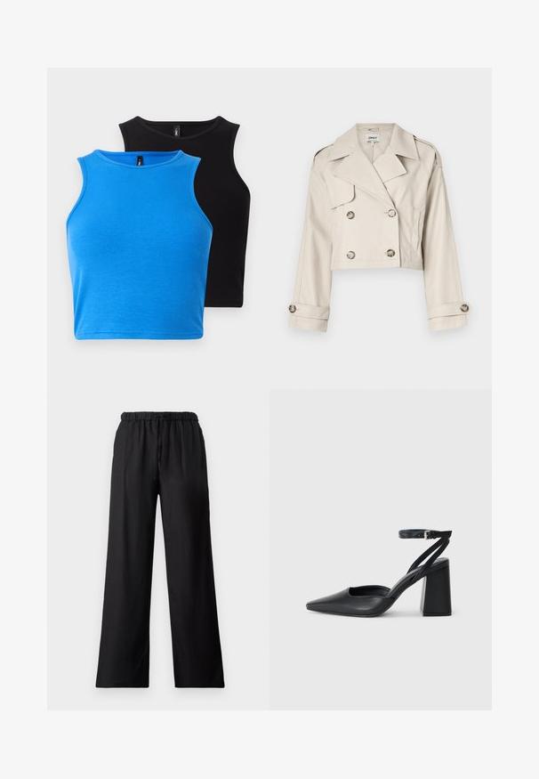 Lühendatud beež trench coat topelt-nupuga kinnitusega, suurete läbilõigetega ja keeratud varrukatega. Sile kangas, millel on kohandatud lõige.; Kaks sobivat, varrukateta lühikesed topid - üks ribakujulises sinises kangas ja teine ribakujulises mustas. Mõlemal on ümardatud kaelus ja sujuv tekstuur.; Mustad lõdvad mustad püksid, mis on valmistatud kerge kangaga, millel on elastsest materjalist vöökoht ja reguleeritav nöör ning sile tekstuur.; Mustmustest must-käigukingad, millel on konksuga nöör ja paks konts. Ühtlane tekstuur, stiilne disain ja minimalistlik esteetika.