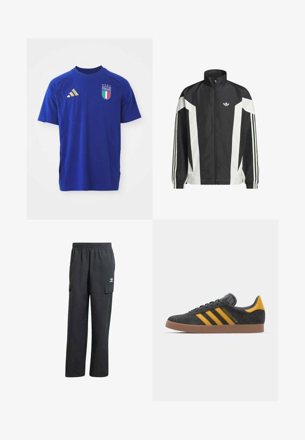 Czarno-biała kurtka zapinana na zamek, wykonana z lekkiego materiału, z wysokim kołnierzem, kanciastymi blokami kolorów i trzema paskami na każdym rękawie.; Niebieska koszulka sportowa z krótkim rękawem, wykonana z miękkiego materiału. Posiada złote logo Adidas na prawym ramieniu oraz emblemat Włoch na klatce piersiowej.; Czarne spodnie cargo z elastycznym paskiem w talii, dwoma bocznymi kieszeniami i subtelnym logo na lewym udzie. Wykonane z lekkiego materiału.; Czarne zamszowe sneakersy z żółtymi akcentami, z trzema paskami i brązową gumową podeszwą. Posiadają wyściełany język dla większego komfortu.