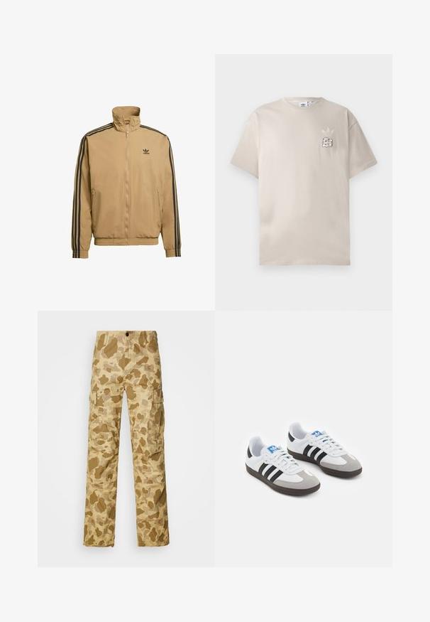 Hellbraune Zip-Jacke aus einem Stoff mit glatter Textur. Verfügt über schwarze Streifen an Schultern und Ärmeln sowie ein gesticktes Logo.; Beige Baumwoll-T-Shirt mit Rundhalsausschnitt, kurzen Ärmeln und einem dezenten Grafiklogo auf der linken Brust. Weicher Stoff, schlichtes Design.; Beige Cargo-Hosen mit einem hellbraunen Camouflage-Muster, ausgestattet mit zwei Seitentaschen und einem geraden Bein-Design. Texturiertes Gewebe mit dezenten Streifen.; Sportschuhe mit einem Obermaterial aus weißem Leder, grauer Wildleder-Zehenkappe und drei schwarzen Streifen. Sie verfügen über ein blaues Logo auf der Zunge und eine strukturierte Gummisohle.