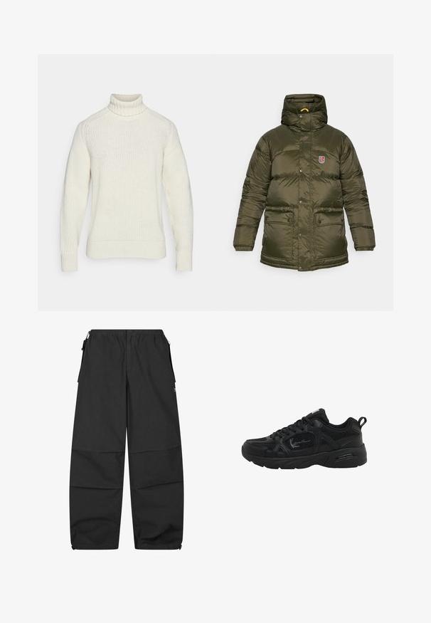 Olivgrön vadderad vinterjacka med huva, tryckknappar, två framfickor med lock och en liten röd och vit logotyp på bröstet.; Krämfärgad tröja med hög krage, ribbade manchetter och ett texturerat stickat mönster. Har en avslappnad passform och sömlös design.; Svarta bomullsbyxor med elastiskt midjeband, två sidofickor och avslappnad passform. Har sömmar och en minimalistisk design.; Svart atletisk sko med en ovandel i mesh och syntetmaterial, texturerade detaljer, rund tå och en dämpad sula med en dragflik vid hälen.