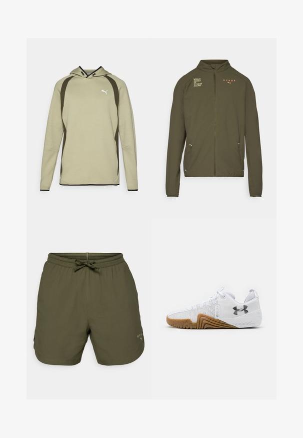 Olivovozelená športová bunda s vysokým golierom, plným predným zipsom, bočnými vreckami a potlačenými logami v bielej a oranžovej farbe. Vyrobená z ľahkého materiálu.; Svetlozelená mikina s klokankovým vreckom, čiernymi akcentmi po stranách a na leme, a bielym logom na hrudi. Mäkký, texturovaný materiál.; Olivovo zelené športové šortky vyrobené z ľahkého materiálu, s elastickým pásom a šnúrkou na stiahnutie, s malým logom na boku.; Biele atletické topánky s priedušným zvrškom, gumenou podrážkou v gumovej farbe, textúrovanými akcentmi a čiernym logom na boku.
