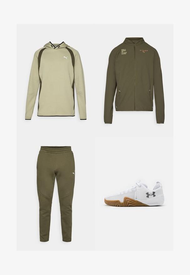 Olive green athletic jacket with high collar, full front zipper, side pockets, and printed logos in white and orange. Made of lightweight material.; Light green hoodie with a kangaroo pocket, black accents along the sides and hem, and a white logo on the chest. Soft, textured material.; Olive green sweatpants with a tapered fit, elastic waistband, and a small white logo on the left side. Soft fabric with a smooth texture.; White athletic shoes featuring a mesh upper, rubber outsole with a gum color, textured accents, and a black logo on the side.