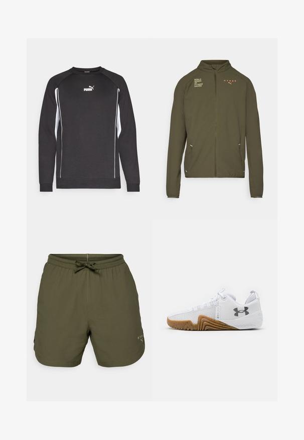 Giacca sportiva verde oliva con alto collo, zip frontale completa, tasche laterali e loghi stampati in bianco e arancione. Realizzata in materiale leggero.; Felpa nera con maniche lunghe, dettagli bianchi sui lati e scollatura rotonda. Presenta un piccolo logo bianco Puma sul petto.; Pantaloni sportivi verde oliva realizzati in tessuto leggero, con vita elastica dotata di lacci e un piccolo logo sul lato.; Scarpe atletiche bianche con una tomaia in rete, suola in gomma di colore gomma, dettagli testurizzati e un logo nero sul lato.