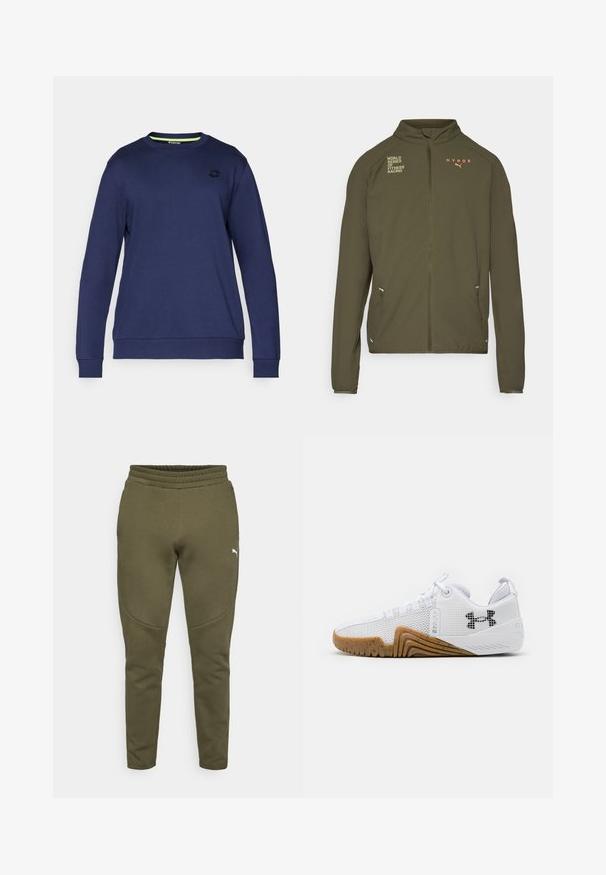 Olive roheline sportlik jakk, millel on kõrge krae, täispikk tõmblukk, küljetaskud ning valge ja oranži värviga trükitud logod. Valmistatud kerge materjali koostisest.; Tumedat sinine dressipluus pehmest kangast, ümmarguse kaelusega, pika varrukaga, soonikute ja diskreetse logoga rinnal.; Oliivrohelised dressipüksid kitsendava lõikega, elastse vöökohtaga ja väikese valge logoga vasakul küljel. Pehme kangas, millel on sile tekstuur.; Valged sportlikud kingad, mis on varustatud võrgust pealsega, kummise välispõhjaga, millel on pruuni värvi tooni, tekstuursete detailidega ja must logoga külgedel.