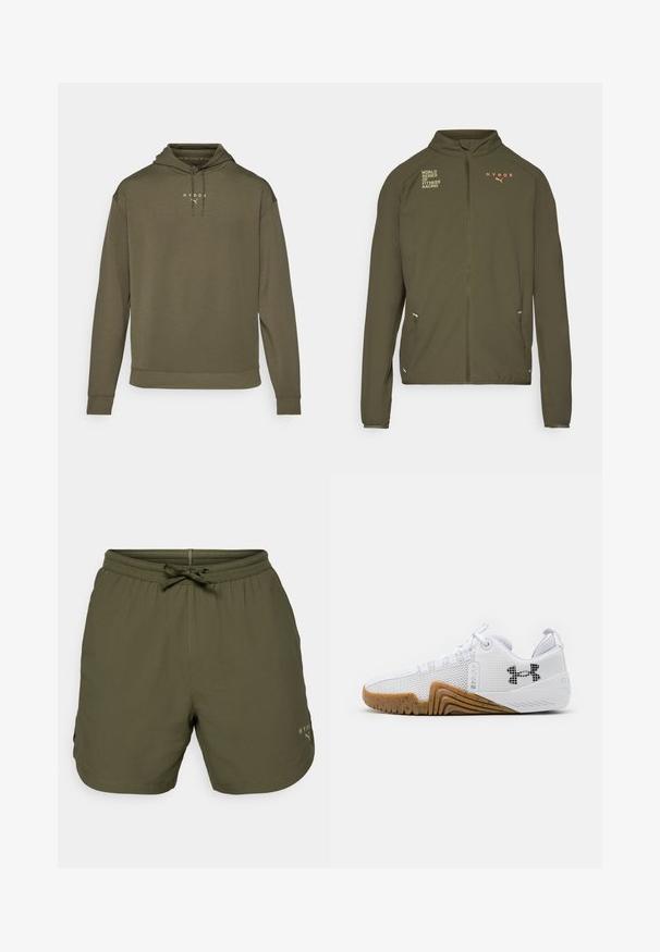 Olíva zöld sportdzseki magas gallérral, teljes elülső cipzárral, oldalsó zsebekkel és fehér, valamint narancssárga nyomott logókkal. Könnyű anyagból készült.; Olíva zöld kapucnis pulóver, húzózsinórral, hosszú ujjal és laza szabással. Fehér logóval a mellkason és bordázott mandzsettákkal rendelkezik.; Olíva zöld, rövid ujjú póló, sima anyagból készült, kerek nyakkivágással és fehér logóval a bal mellrészen.; Olíva zöld sportnadrág könnyű anyagból, rugalmas derékkal és zsinórral, oldalt pedig egy apró logó részlet található.; Fehér sportcipők hálós felsőrésszel, gumis talppal, kialakított részletekkel és fekete logóval az oldalon.