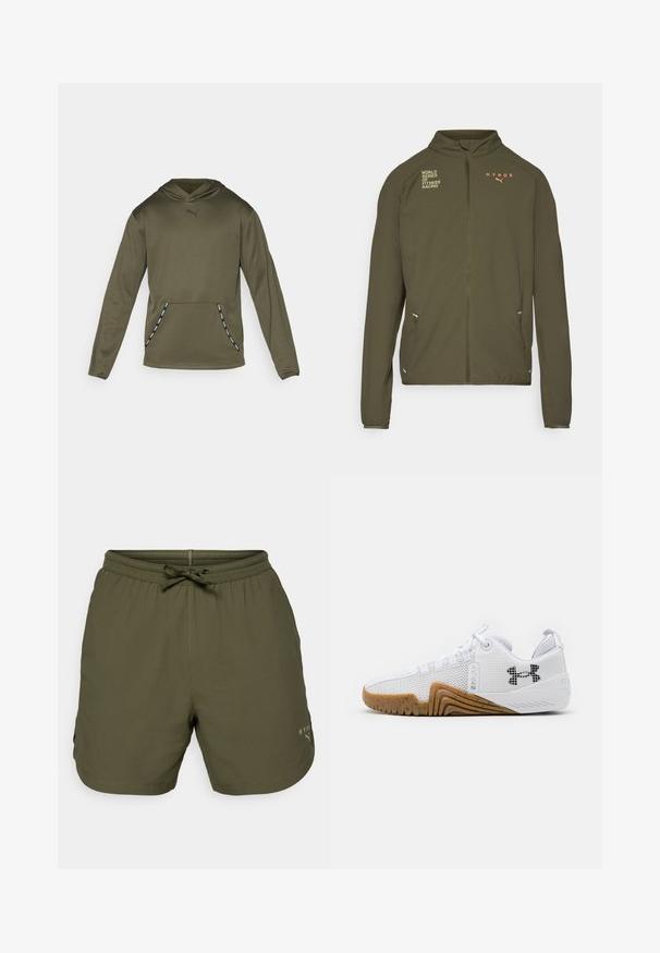 Olivgrüne Sportjacke mit hohem Kragen, durchgehendem Reißverschluss, Seitentaschen und aufgedruckten Logos in Weiß und Orange. Aus leichtem Material gefertigt.; Olivgrüner Hoodie mit Kordelzugkapuze, langen Ärmeln und einer vorderen Kängurutasche. Mit schwarzem Puma-Logo und gemusterten seitlichen Akzenten.; Olivgrünes T-Shirt mit kurzen Ärmeln, aus glattem Stoff, mit rundem Halsausschnitt und weißem Logo auf der linken Brustseite.; Olivgrüne Sportshorts aus leichtem Material, ausgestattet mit einem elastischen Bund mit Kordelzug und einem kleinen Logo-Detail an der Seite.; Weiße Sportschuhe mit einem Obermaterial aus Mesh, einer Gummisohle in Braun, strukturierten Akzenten und einem schwarzen Logo an der Seite.