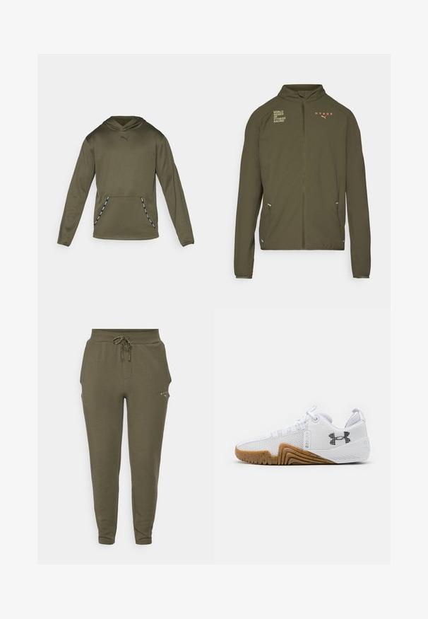 Olivno zelena atletska jakna z visokim ovratnikom, celotnim zadrgo spredaj, stranskimi žepi in natisnjenimi logotipi v beli in oranžni barvi. Narejena iz lahkotnega materiala.; Olivnozeleni dukserica s kapuljačom na vezanje, dugim rukavima i prednjim kengurufrontom. Ima crni Puma logo i vzorčaste bočne akcentne.; Olivno zeleni trenirke z elastičnim pasom in nastavljivo vrvico, s slim fit krojem in diskretnim logotipom blizu žepa.; Bele športne čevlje z mrežastim zgornjim delom, gumijastim podplatom v barvi gumija, teksturiranimi poudarki in črnim logotipom na strani.